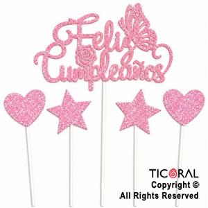 CAKE TOPPER FELIZ CUMPLEA�OS CON ESTRELLAS Y CORAZONES GIBRE ROSA